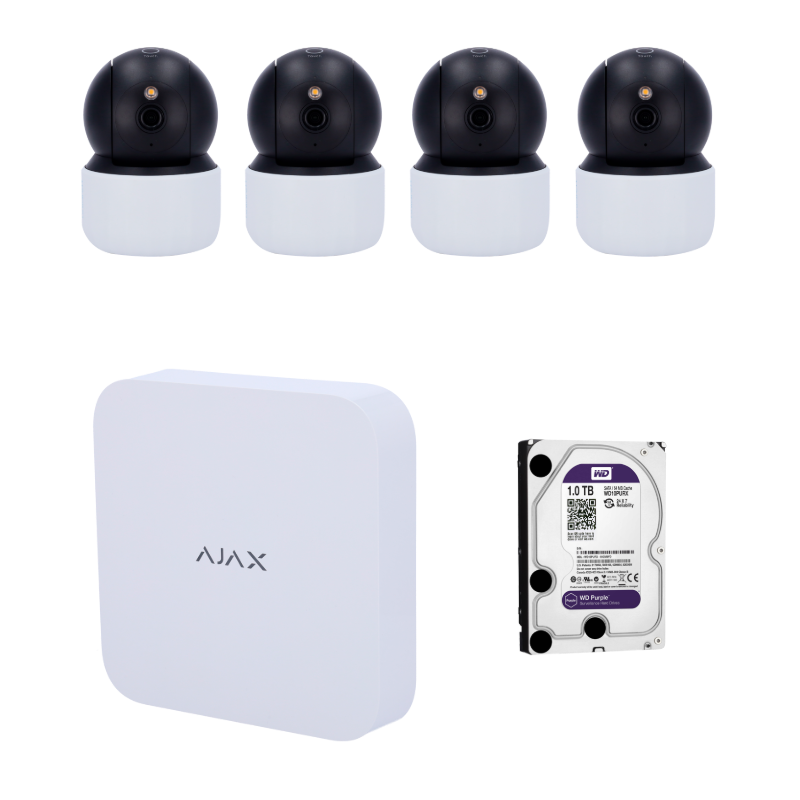 Kit de Vidéosurveillance Wi-Fi - NVR Ajax + 4 Caméras Intérieures 3MP + Disque Dur