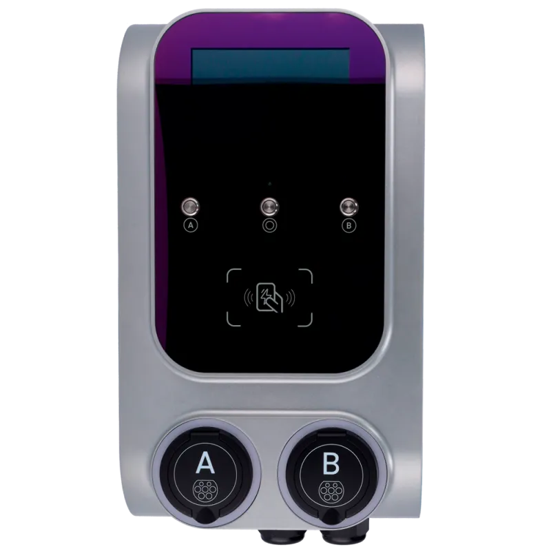 Borne de recharge double Raedian GEMINI 2 x 22 kW - RFID et compteur MID - avec poteau et protections