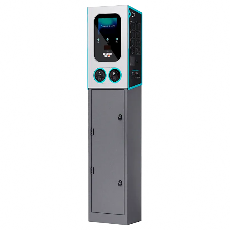 Borne de recharge double Raedian GEMINI 2 x 22 kW - paiement sans contact Nayax - avec poteau et protections