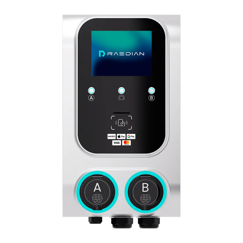 Borne de recharge double Raedian GEMINI 2 x 22 kW - paiement sans contact Nayax - avec poteau et protections