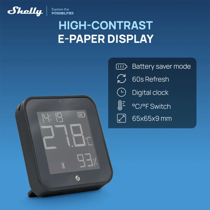 Shelly BLU H&T Display ZB – Capteur température et humidité avec écran, noir